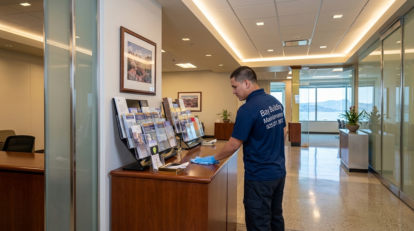 Bay Building Maintenance uniformed technician in Bay Area office lobby